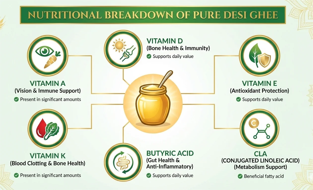 Desi ghee health benefits infographic showing vitamins and nutritional content
