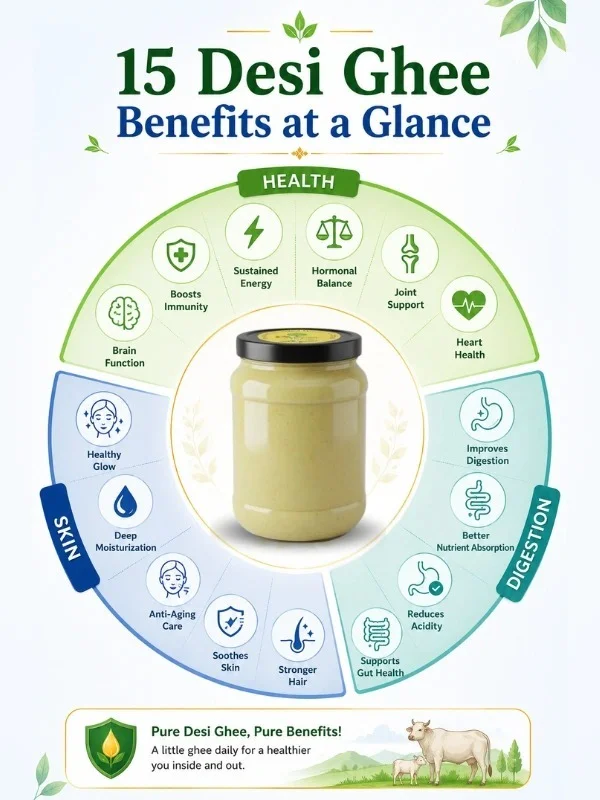 Desi ghee benefits wheel infographic health skin digestion
